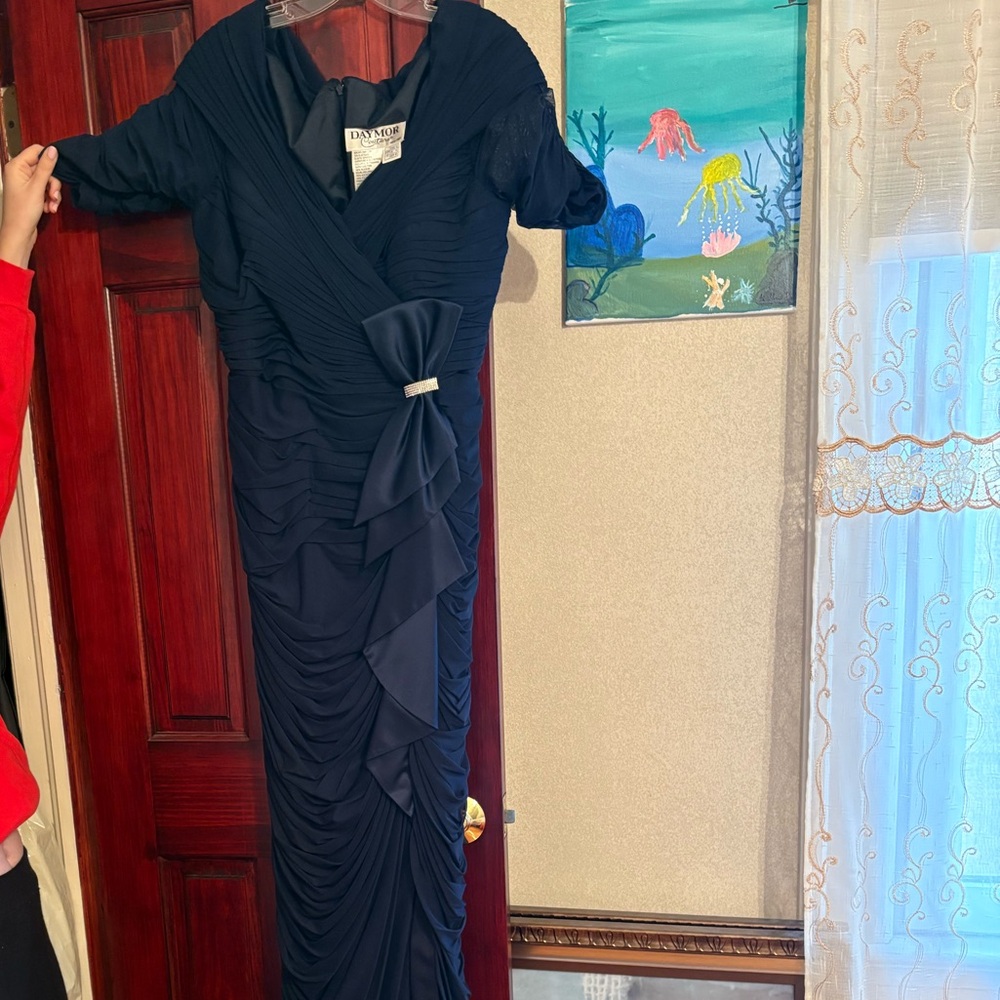 Elegant Long Sleeve Navy Dress with Ruffle Design